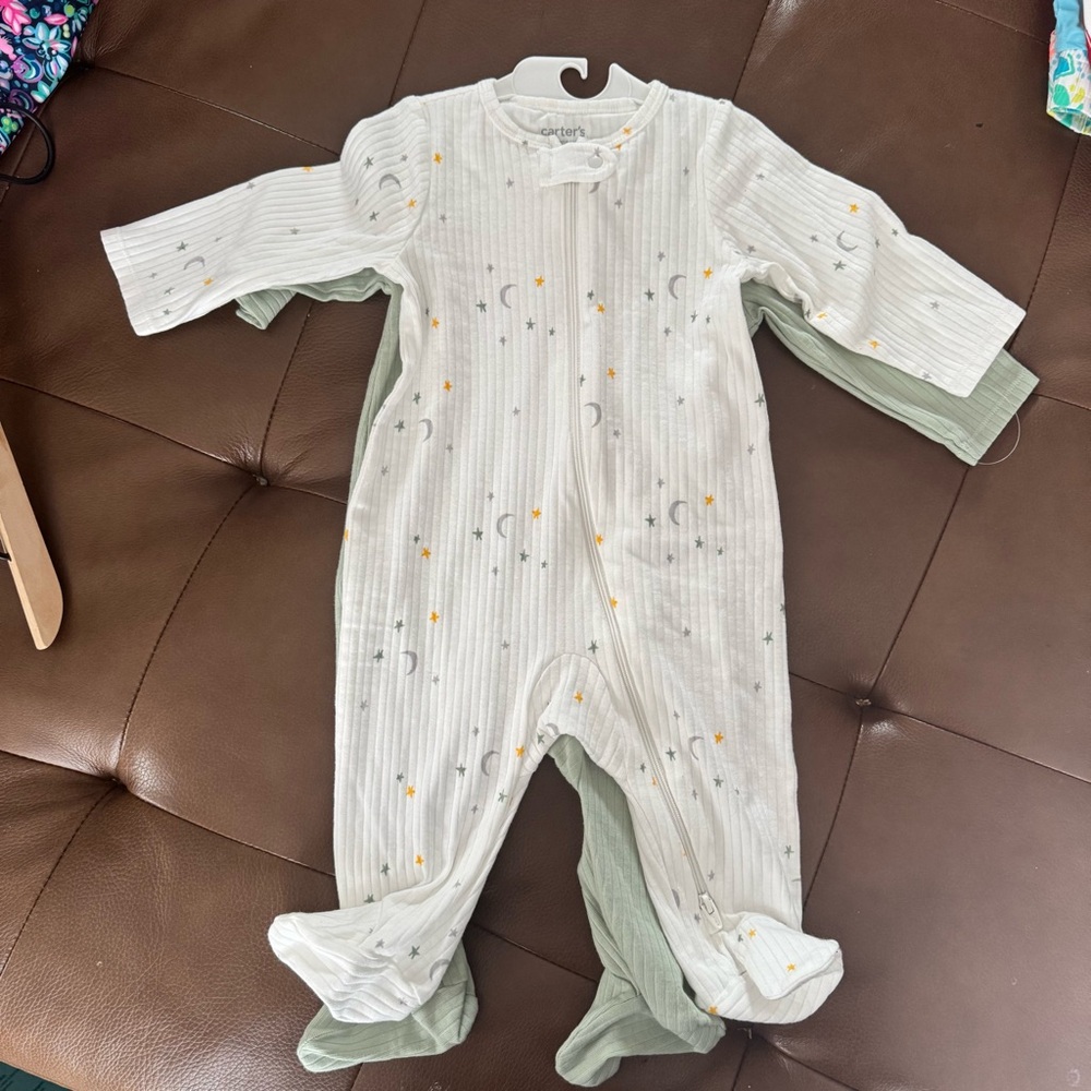 Carter's White and Green Footie One Piece with Cozy Built-in Feet